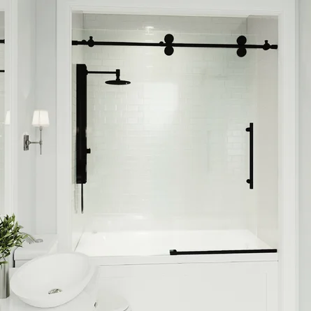 60W x 59H Frameless Sliding Tub Door in Matte Black with Clear Glass, NANO TECH
